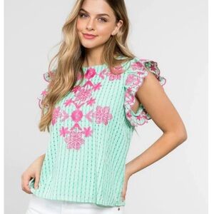 THML Mint Green Top with Pink Floral Embroidery